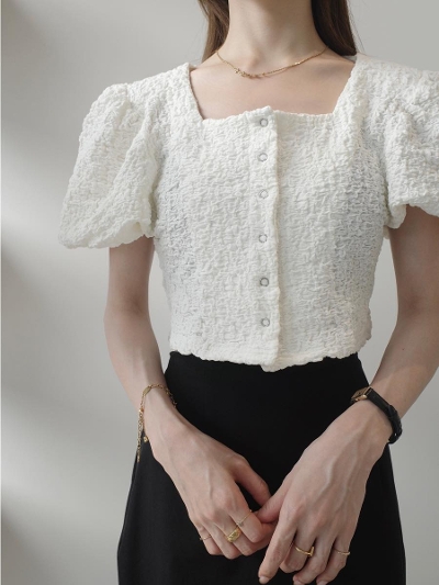 yNEWzshirring puff sleeve cropped top / ivory