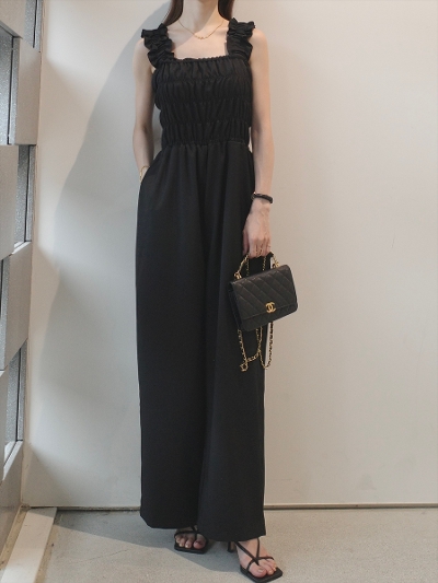 ySAMPLEzfrill strap shirring jumpsuit / black