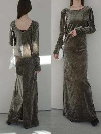 yNEWzvelvet back open dress / khaki