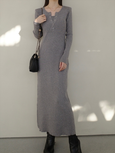 yNEWzbutton layered design knit onepiece / grey