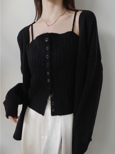 yNEWzcable knit cami ensemble / black