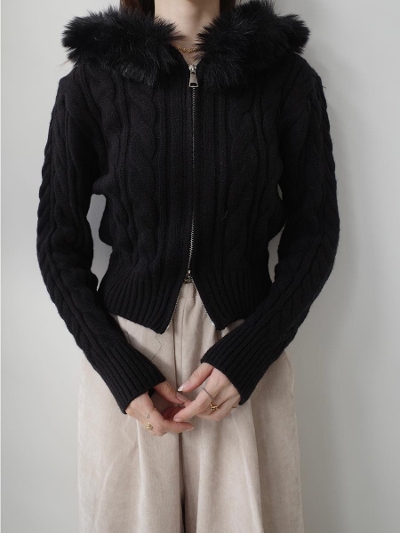 �yNEW�zcable knit fur hoodie / black