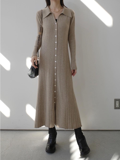 �yNEW�zbutton line polo neck knit dress / beige