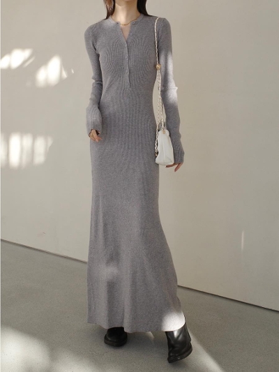 �yNEW�zhenry neck rib knit long dress / grey