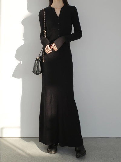 �yNEW�zhenry neck rib knit long dress /  black