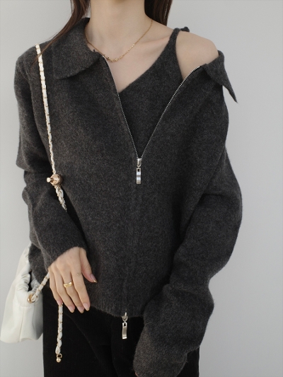 �yNEW�zdouble zip polo knit ensemble / charcoal