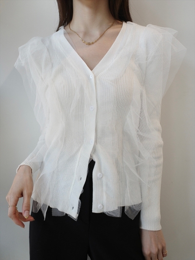 �yNEW�ztulle frill rib knit cardigan / white