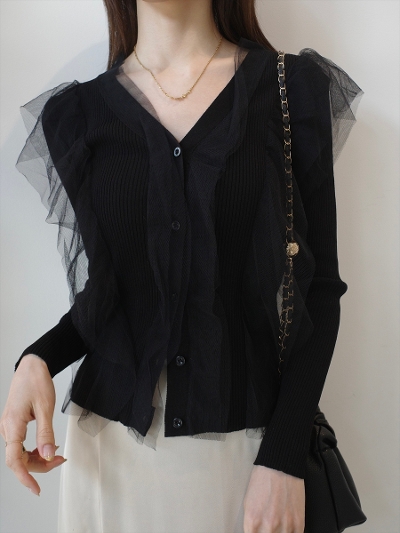 �yNEW�ztulle frill rib knit cardigan / black