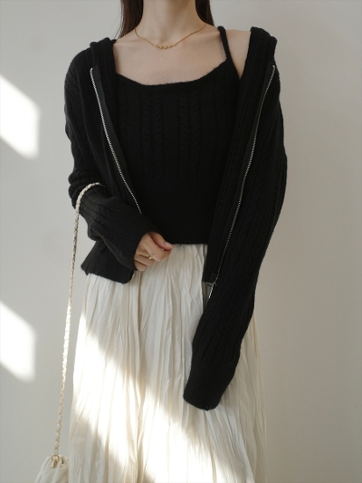 �yNEW�zcamisole set cable knit hoodie / black