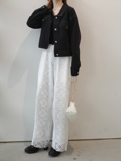 �yNEW�zpanel lace wide pants / white