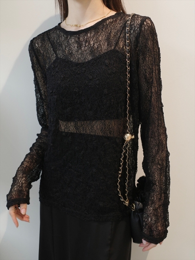 �yNEW�zflower lace sheer top / black