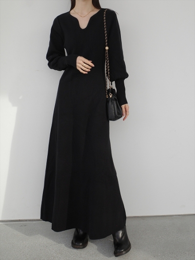 �ySAMPLE�zheart neck puff sleeve dress / black