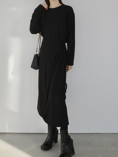 �ySAMPLE�zwrap design rib dress / black