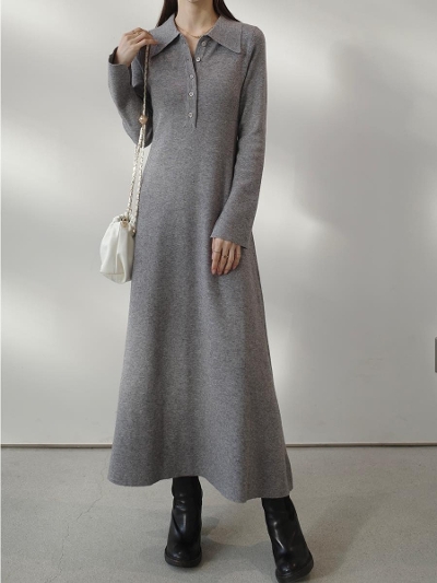 �ySAMPLE�zpolo neck slit sleeve dress / grey