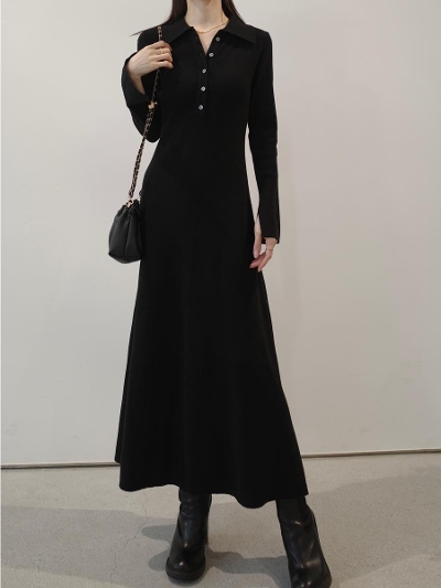 �ySAMPLE�zpolo neck slit sleeve dress / black