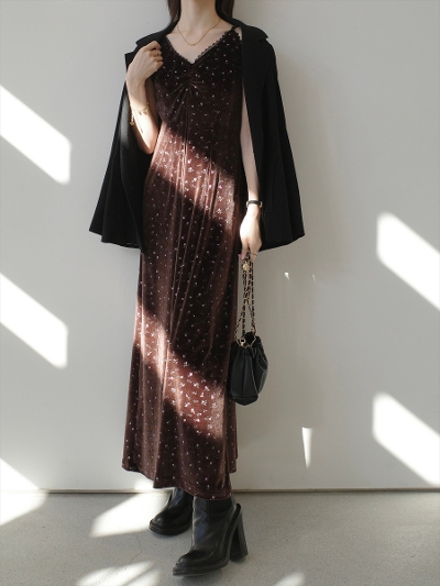 �ySAMPLE�zflower emboss velvet cami dress / brown
