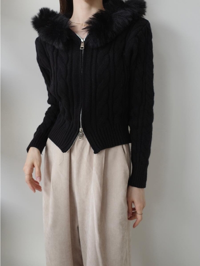 �ySAMPLE�zcable knit fur hoodie / black