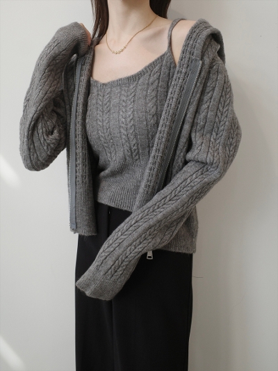 �ySAMPLE�zcamisole set cable knit hoodie / grey