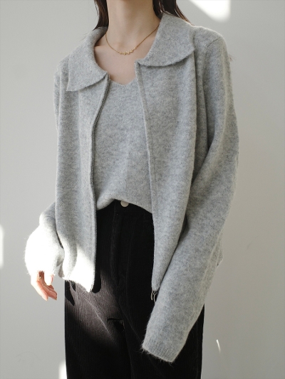 �ySAMPLE�zdouble zip polo knit ensemble / grey