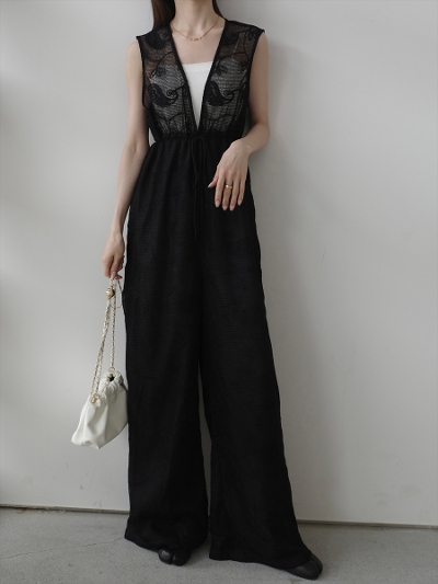 �yNEW�zsheer embroidered lace jumpsuit / black