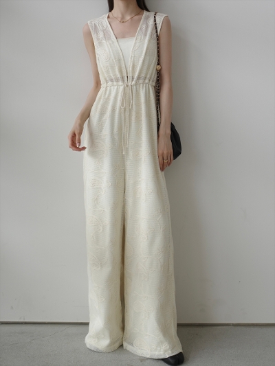 �yNEW�zsheer embroidered lace jumpsuit / ivory