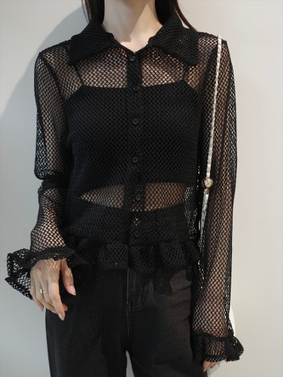 �yNEW�zfrill hem mesh polo top / black