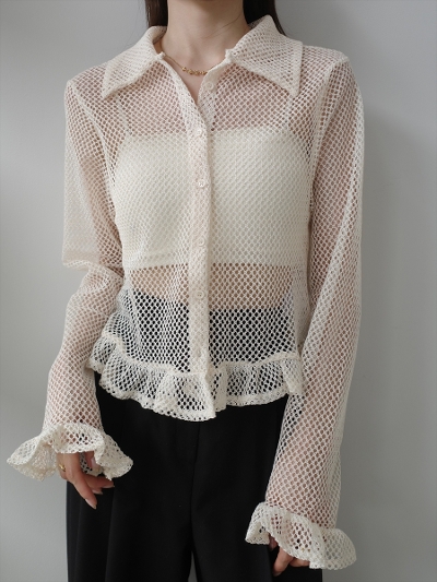 �yNEW�zfrill hem mesh polo top / ivory