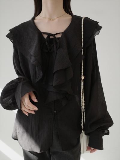 �yNEW�zfrill collar sheer blouse / black