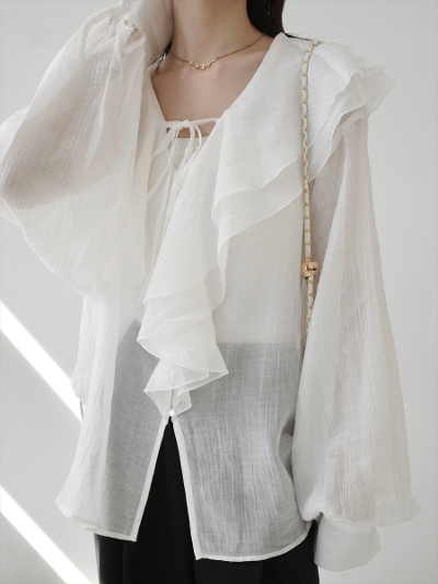 �yNEW�zfrill collar sheer blouse / white