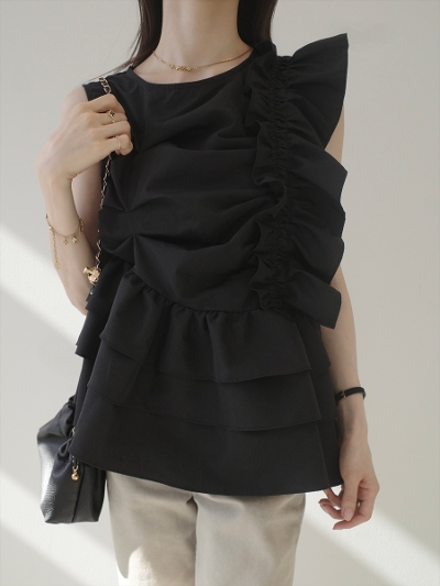 �yNEW�zasymmetry ruffle frill blouse / black