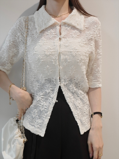 �yNEW�zflower lace polo top / ivory