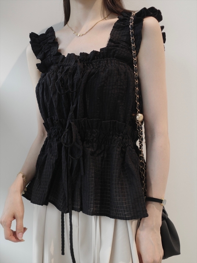 �yNEW�zfrill gather double ribbon top / black