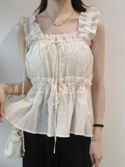 �yNEW�zfrill gather double ribbon top / beige