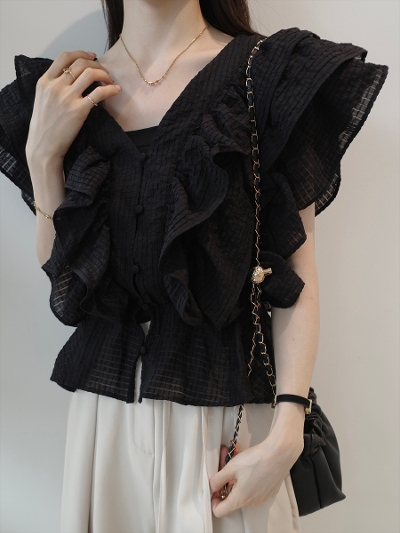 �yNEW�zruffle frill sheer blouse / black