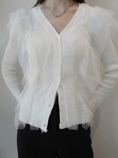 tulle frill rib knit cardigan / white