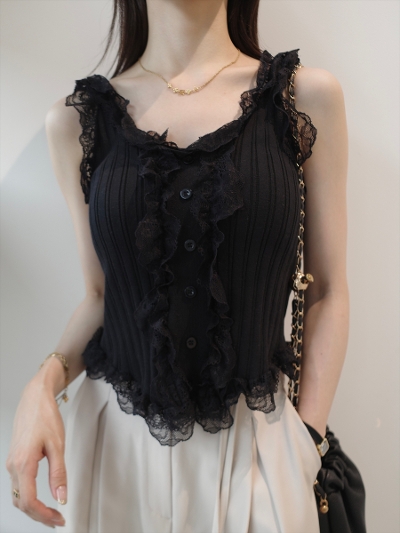 �yNEW�zdramatic lace frill top / black