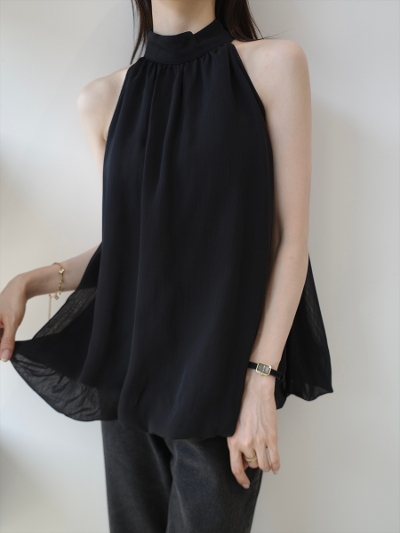 �yNEW�zhalter neck chiffon blouse / black