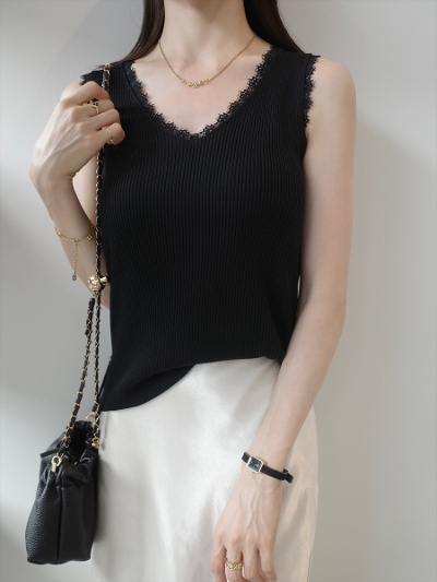 �yNEW�zlace v neck rib top / black