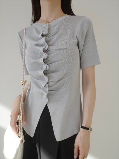 �yNEW�zbutton gather half sleeve top / grey
