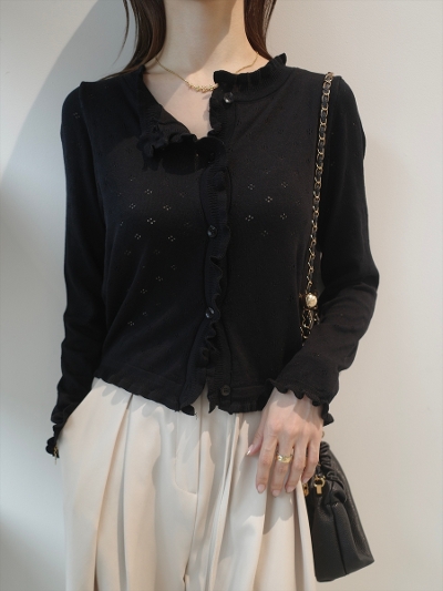 �yNEW�zfrill detail sheer cardigan / black