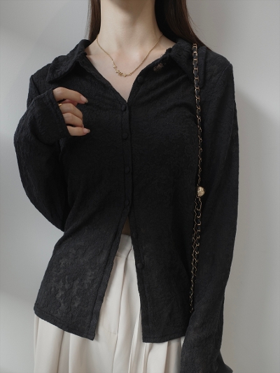 �yNEW�zflower jacquard sheer shirt / black